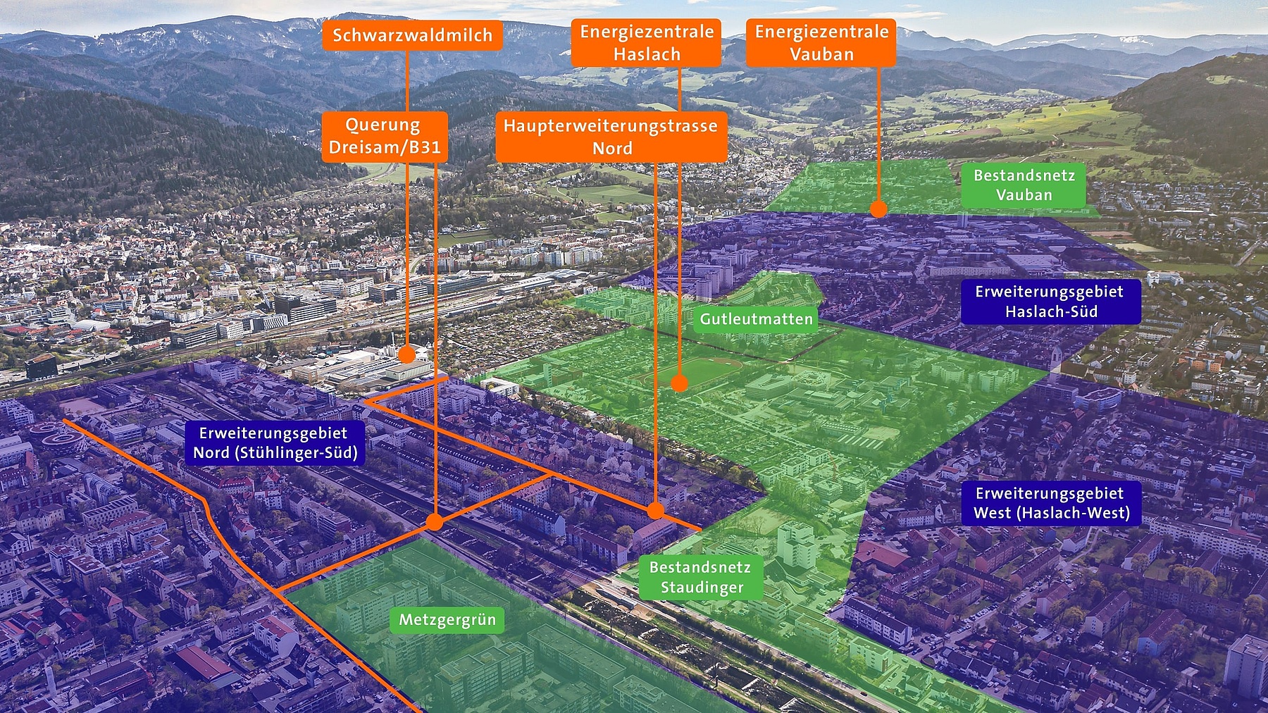 Übersichtskarte Wärmeverbund Freiburg-Süd